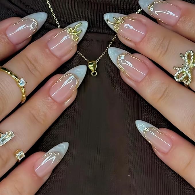 24pcs White French Tip Press on Nails Medium Almond Fake Nails with 3D Bow Acrylic Nails Design Gold Line Stick on Nails French False Nails Kit Full Cover Glue on Nails for Women Nail Decoration