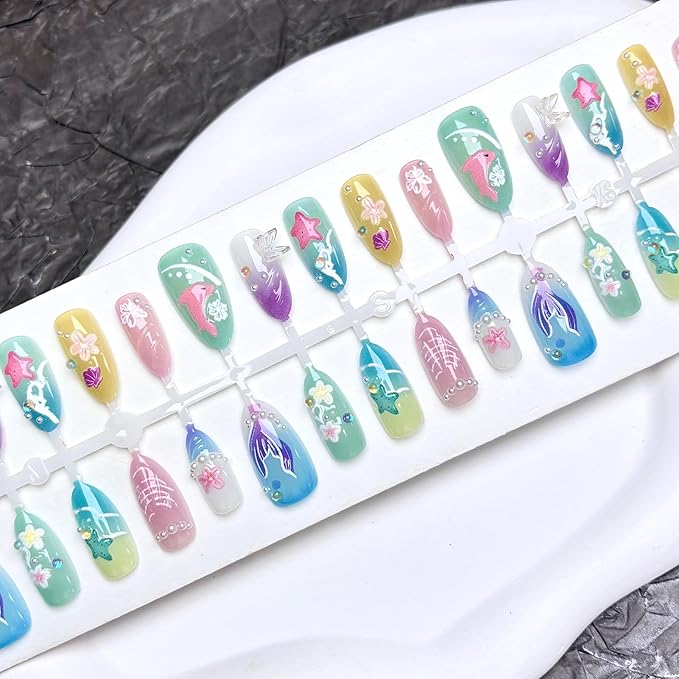 30Pcs Ocean Press On Nails Medium Almond Fake Nails with 3D Butterfly Pearl Flower Starfish Design Aurora Bead Mermaid False Nails Colorful Ombre Shell Stick on Nails for Summer Manicure