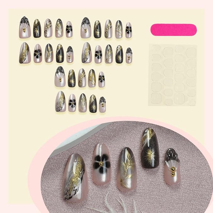 24Pcs Almond Press on Nails Medium Fake Nail with 3D Leaf Designs Marble Nail Art Gold Leaves Acrylic Nails Press ons Reusable French Tip False Nail Full Cover Floral Glue on Nails for Women