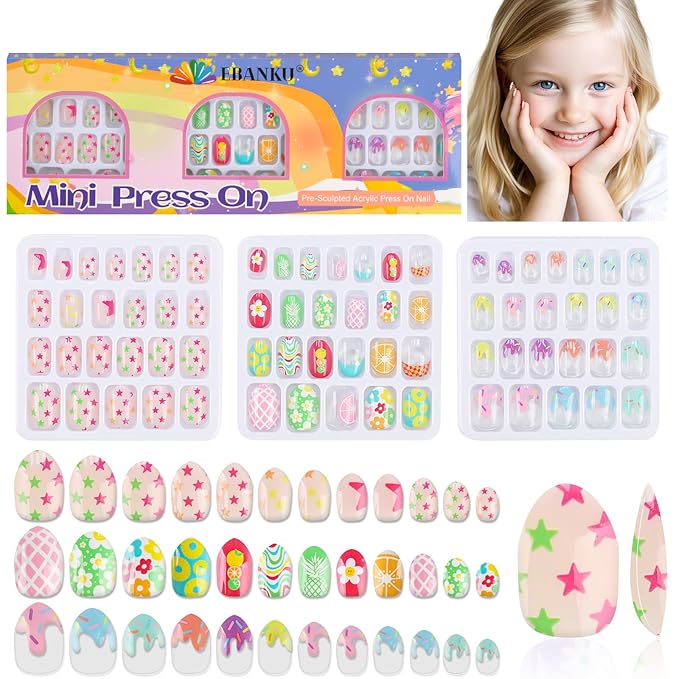 72 Pieces Press on Nails for Kids, EBANKU 3 Pack Kid Fake Nail Kit Lemon Star Press on Nails for Girls 7-12 Years with Jelly Nail Adhesives
