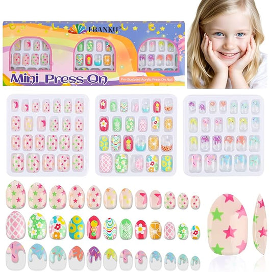 72 Pieces Press on Nails for Kids, EBANKU 3 Pack Kid Fake Nail Kit Lemon Star Press on Nails for Girls 7-12 Years with Jelly Nail Adhesives