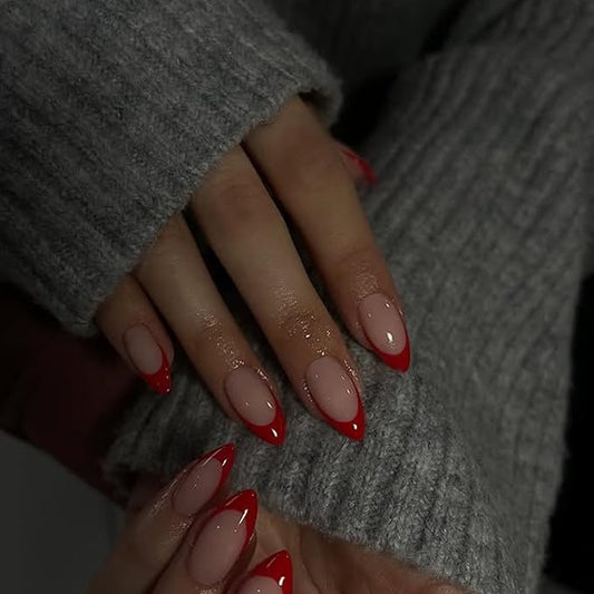 30Pcs Red French Tip Press on Nails Short Almond Nails Press ons, Short Fake Nails Almond Shaped Acrylic French Glue on Nails False Nail for Women, Natural Stiletto Nail 15 Sizes