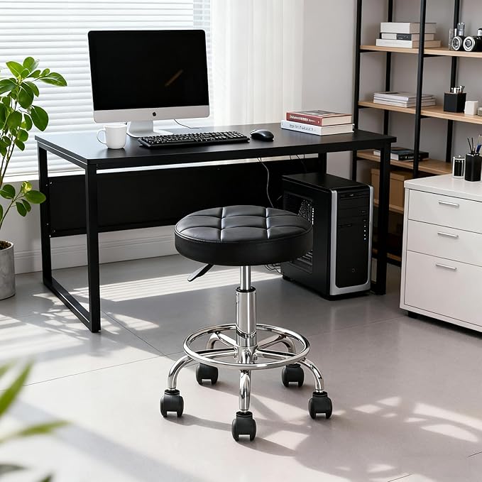 Urknall Round Rolling Stool on Wheels PU Leather - 400lb Capacity with Quiet Wheels, Ultra-Comfort Seat Stool with Wheels, 360° Swive Adjustable Height, for Salon Tattoo Work Home SPA Shop Use