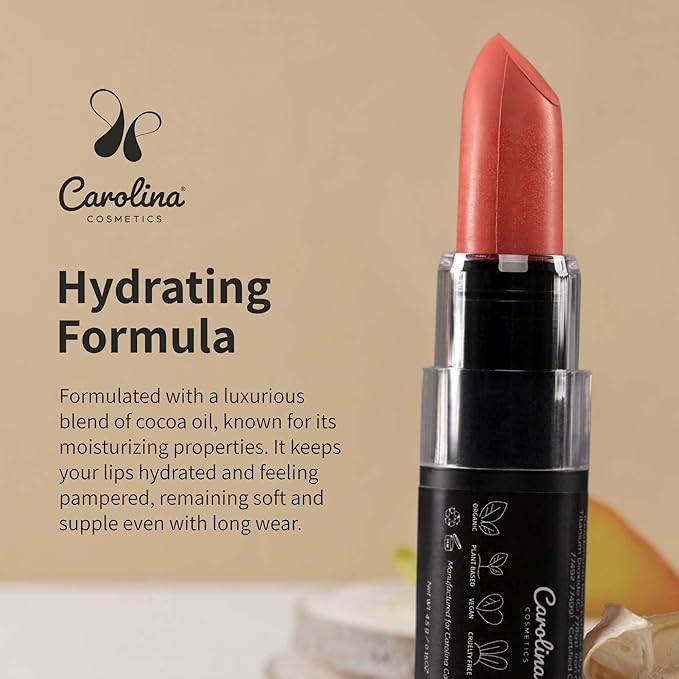 Carolina COSMETICS - Plant-Based Moisturizing Lipstick - Scarlet Shade 0.15oz- Hydrating with Cocoa Oil, Gluten-Free, Vegan, Non-GMO, Paraben-Free - Lightweight Cream Texture