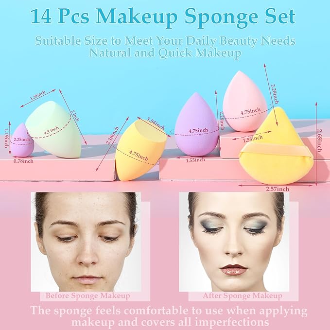 14 Pcs Makeup Sponge Set,Beauty Sponges Blender with 4 Pcs Powder Puff and 4 Pcs Mini Make up Sponges Birthday Gift,Mother's Day Gift for Women Liquid,Foundation,Powder,Concealer,Cream(Colorful)