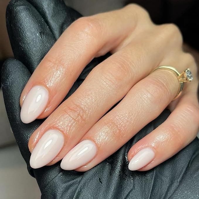 White Press on Nails Short Almond Fake Nails Press ons, Thick Solid Color Glue on Nails Short False, Medium Almond Oval Round Shaped for Women, 24Pcs Natural Acrylic Gel Nail