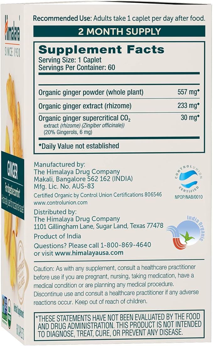 Himalaya Organic Ginger, 60 Day Supply - Digestive Health Supplement for Nausea, Upset Stomach Relief, and Occasional Bloating and Heartburn - USDA Organic, Vegan, Non-GMO, Gluten Free, 60 Caplets