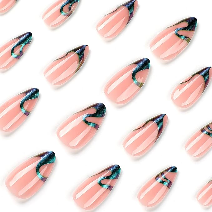 Press on Nails Almond Fake Nails French Tip False Nails with Chrome Stripes Line Design Chrome Medium Acrylic Nails Press ons Glossy Full Cover Glue on Nail for Women Manicure 24Pcs