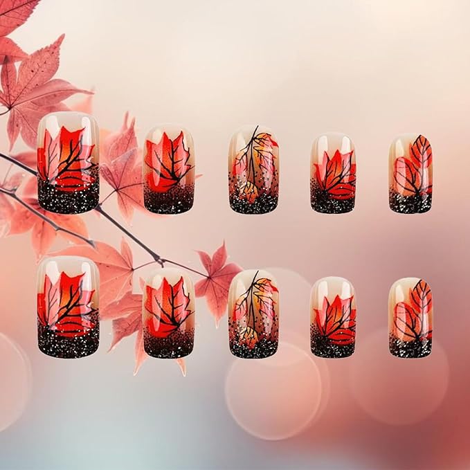 Maple Leaf Press on Nails Glossy Black French Tips Acrylic Fake Nail 24Pcs Fall Leaves Stick on Fingernails Thanksgiving Medium Square False Nails Autumn Gel Glue on Nail for Coquette Women Girls