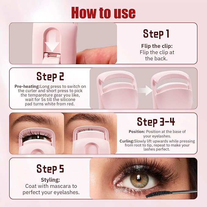Upgrade Heated Eyelash Curler, Electric Eyelash Curler with 5s Fast Heating, Type-C Rechargeable, Portable Lash Curler, Long-Lasting Lash Lift, Natural Style, Heat-Sensitive Pad (Pink)