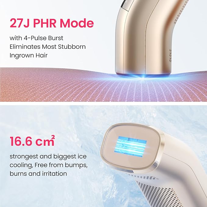 IPL Laser Hair Removal for Women and Men, 2 Lights, 2℃, 16.6 cm² Sapphire Ice Cooling for Sensitive Skin, 4-Pulse Mode for Ingrown Hair, Bikini, Face, Body Permanent Epilator Home Hair Removal Device