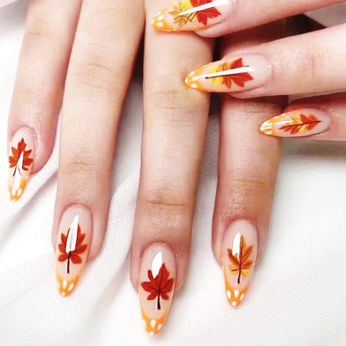Thanksgiving Medium Almond False Nails Fall Leaves Stick on Fingernails Red Maple Leaf Press on Nails 24Pcs Glossy Orange French Tips Acrylic Fake Nail Autumn Gel Glue on Nail for Coquette Women Girls