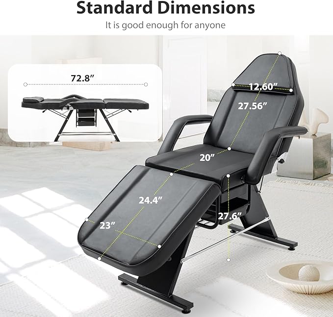 Esthetician Bed for Facial Tattoo Chair with Two Trays Adjustable Folding Salon Bed with Hydraulic Stool Massage Bed for Professional Massage Facial Lash Beauty Treatment Spa, Black