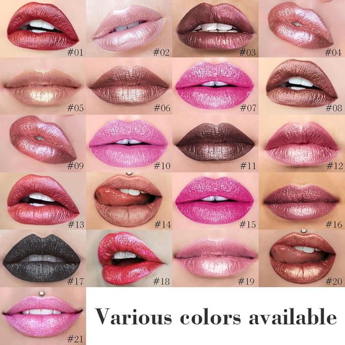 evpct Bronze Gold Metallic Glitter Lip Liner and Lipstick Combo Lip Gloss Stain Set Makeup for Women Long Lasting Waterproof 24, Rose Gold Metallic Shimmer Frosted Iridescent Glossy Liquid Lipstick 14