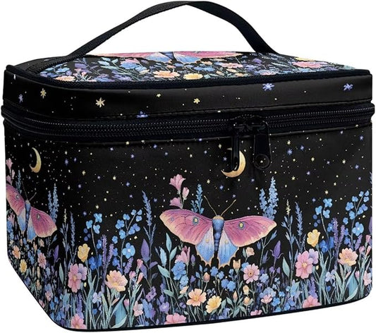 Butterfly Floral Moon Starry Night Print Travel Makeup Bags for Women Portable Tote Cosmetic Case with Carry Handle Toiletry Accessories Storage Organizer Bags