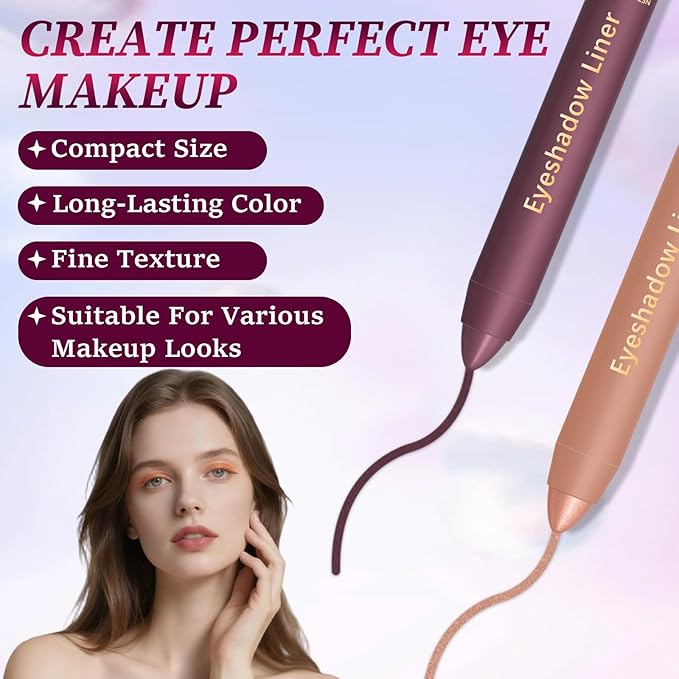 2PCS Shadow Liner 2-in-1 Eyeliner Eyeshadow, Inelaborate Eye Shadow, Shadow Liner Duo Plum, 2-in-1 Eye Makeup Eyeliner + Eyeshadow Waterproof, Smooth and Easy to Color (Champagne+Purple)