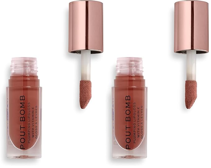 Revolution, Pout Bomb Plumping Lip Gloss, High Shine, Rich Glossy Pigment, Infused with Vitamin E, Cookie Deep Nude, 0.15 fl oz (Pack of 2)