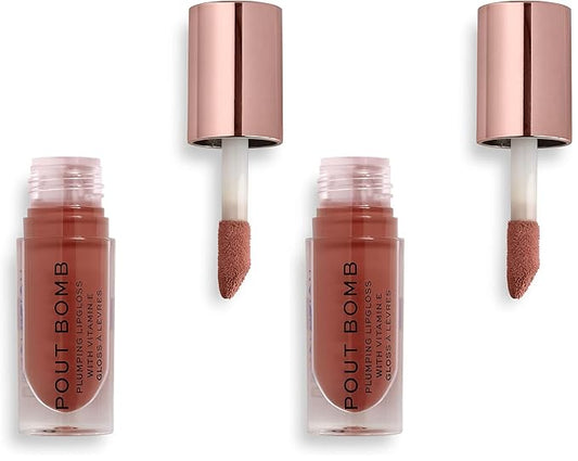 Revolution, Pout Bomb Plumping Lip Gloss, High Shine, Rich Glossy Pigment, Infused with Vitamin E, Cookie Deep Nude, 0.15 fl oz (Pack of 2)