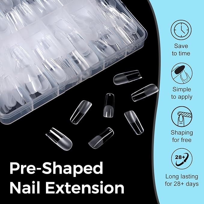 TOMICCA Medium Square Nail Tips Acrylic Nails 240Pcs Acrylic Nail Kit Pre-shape Full Cover Clear Nails Gel Nail Tips for Extension Nail Home DIY, 12 Sizes