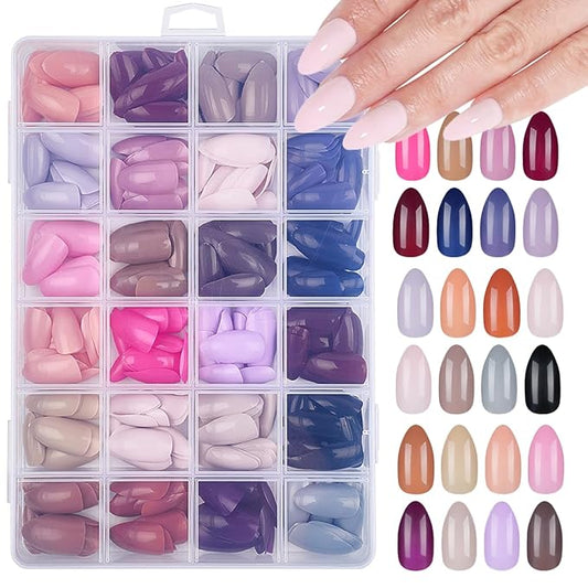 576Pcs Almond Press on Nails Medium Solid Color Fake Nails Full Cover False Nails Glossy Acrylic Glue on Nail Reusable Artificial Nails Stick on Nail for Women Manicure 24 Color
