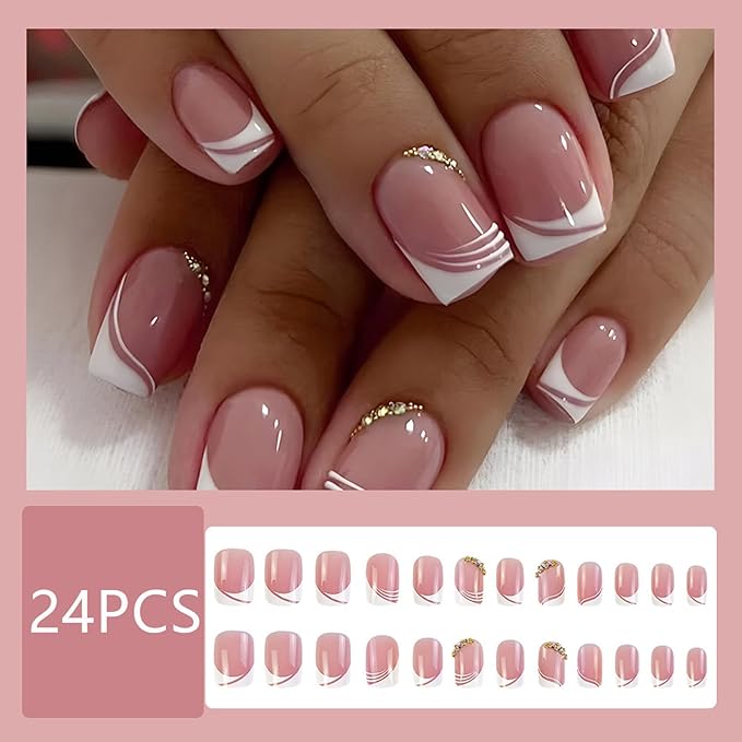 White Edge French Tip Press on Nails Short Square Fake Nails Fake Nails with Gold Rhinestones Charms Design Nude False Nails Full Cover Glue on Nails Artificial Stick on Nails for Women Girls 24Pcs