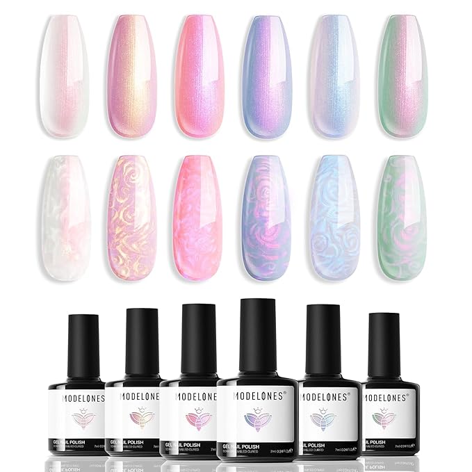 modelones Pearl Gel Nail Polish Set, 6 Colors Aurora Iridescent Shimmer White Pink Purple Mermaid Nail Drawing Glitter Gel Polish Soak Off Led Swirl Shell Thread Effect with Dotting Pen DIY Mani Gift