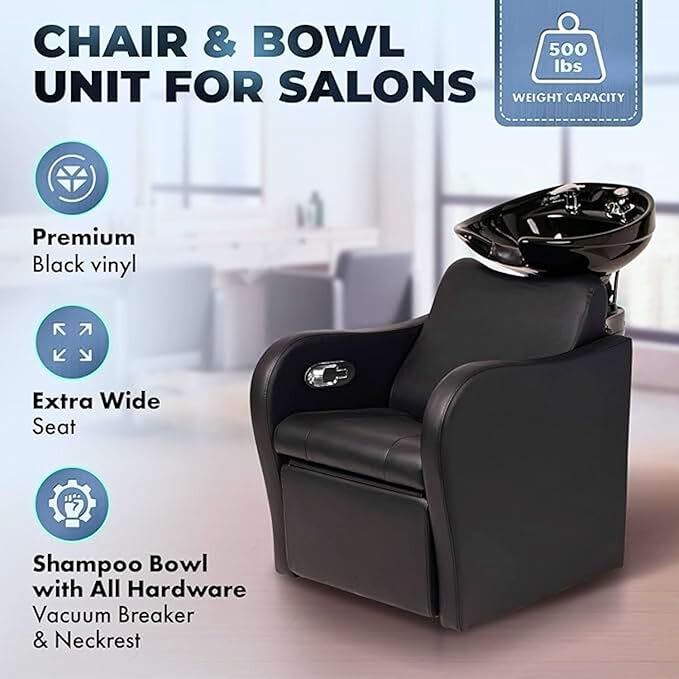 Buy-Rite Lexus Backwash Unit – Salon Shampoo Chair with Tilting Black Porcelain Bowl, Extra Wide Seat, Kick-Out Leg Rest, Neck Rest & Single Handle Faucet – Professional Backwash Station – TS-8018B