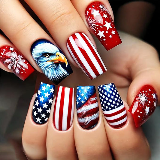 Independence Day Press on Nails Short Square Fake Nails with Flag Eagle Fireworks Stripe Design Full Cover Glue on Nails Red Blue Glossy Acrylic Nails for Women Girl 4th of July Nails Decoration 24Pcs