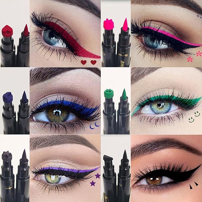 6 PCS Double-Head Liquid Stamp Eyeliner, Colored 6 in 1 Stars Flowers Hearts Moon Smiley Face Triangle Stamps Makeup Stamp Set, Waterproof Slim Gel Felt Tip Liquid Eyeliner, Halloween Makeup