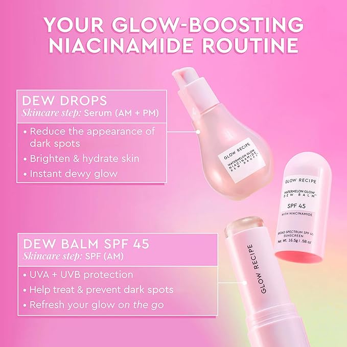 Glow Recipe Glow & Go Summer Makeup Prep Essentials Kit - Skincare Set with Full Size Korean Sunscreen with SPF 45 & Travel Size Niacinamide Dew Drops Face Serum (2 Count)