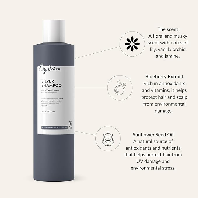 Silver Shampoo 10.1 Fl Oz, Anti-brass, Violet pigments Neutralizes Golden Tones & Gives Cool Tone, Colour preserving, 100% vegan & Sulphate/Silicone free