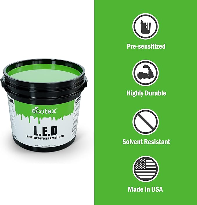 Ecotex® L E D Green Screen Printing Emulsion (Gallon - 128oz.) Pre - Sensitized Photo Emulsion for Silk Screens, Textiles, and Fabric - for Screen Printing Plastisol Ink, Screen Printing Supplies
