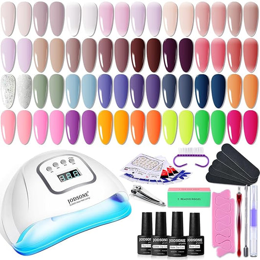 JODSONE 36 Pieces Easy to Apply Gel Nail Polish Kit with U V Light Base Coat Top Matte Glitter Gel Polish for Salon and Home Use