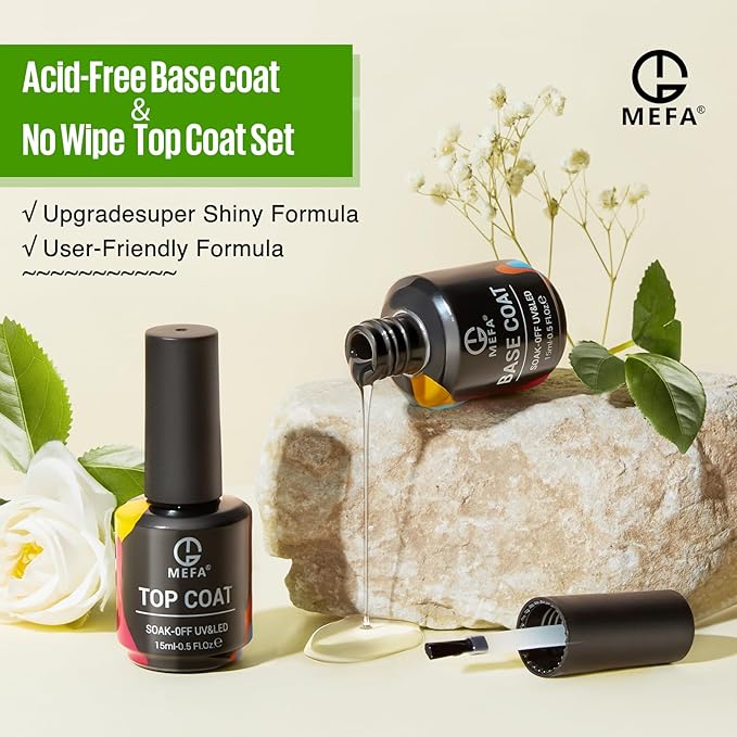 MEFA 2 Pcs 15ml Gel Top Coat and Base Coat Set, No Wipe Gel Nail Polish Base and Top Coat, Long Lasting Glossy Shine Effect Soak Off LED Nail Lamp Top Base Coat Nail Art DIY Manicure Holiday Gifts