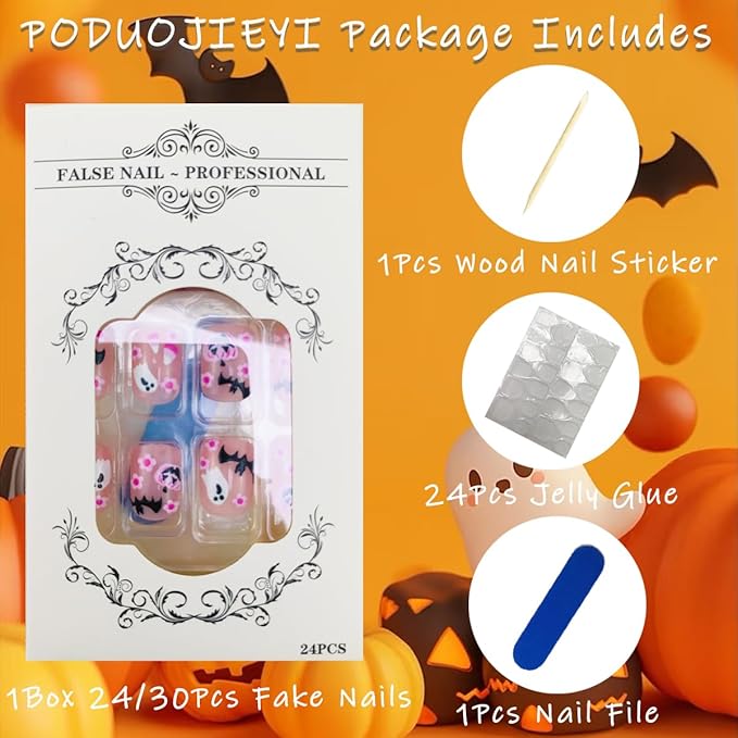 24Pcs Halloween Press on Nails Short Square Fake Nail with Pumpkin Flower Designs Pink Full Cover Glossy Glue on Nails Black Bat False Nail Cute Ghost Stick on Nails for Women Halloween Nail Decor