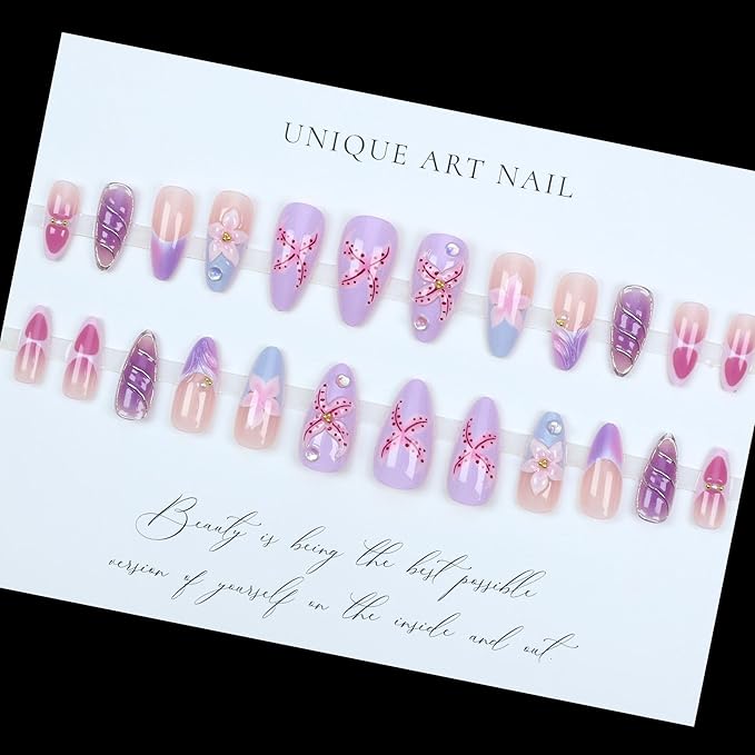 3D Flower Press on Nails Medium Almond Fake Nails with Floral Pearl Designs Purple Pink Acrylic Nail Tips Curve Line Artificial Nail Cute Handmade False Nails Summer Glue on Nail for Women