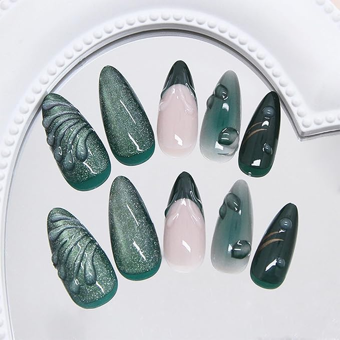 24pcs Green Press on Nails Medium Almond Fake Nails with 3D Leaf Water Drop Designs French Tip False Nails Glitter Glue on Nails Star Acrylic Nails Kit Full Cover Glue On Nails for Women
