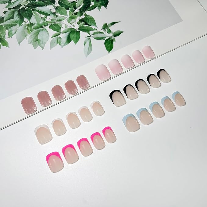 6 Packs 144Pcs French Tip Press on Nails Short, Jsiallye Short Square Fake Nails Glue on Nails Kits with Adhesive Tabs Nail File for Women Press on Nails