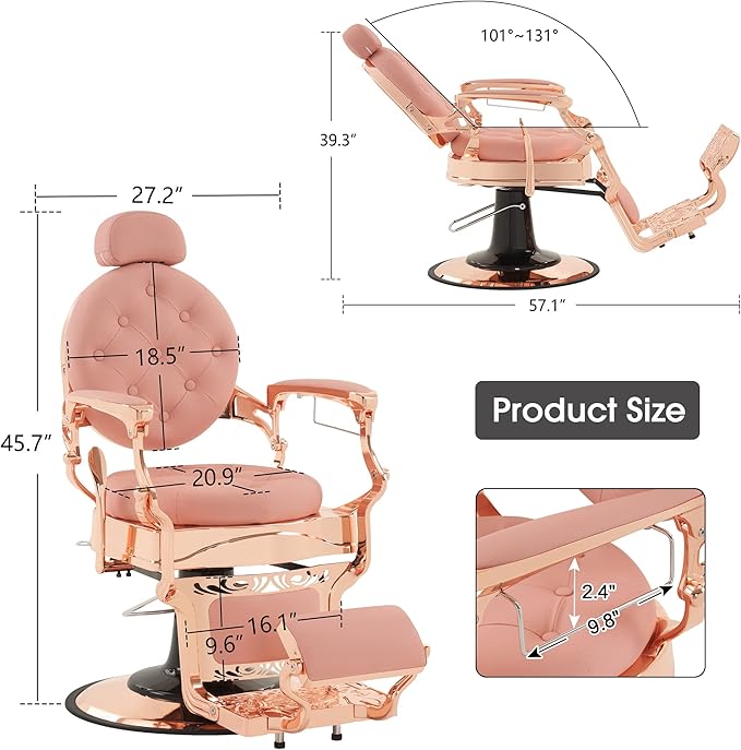BarberPub Heavy Duty Metal Vintage Barber Chair All Purpose Hydraulic Recline Salon Beauty Spa Chair Styling Equipment 8914 (Pink with Pink Frame)