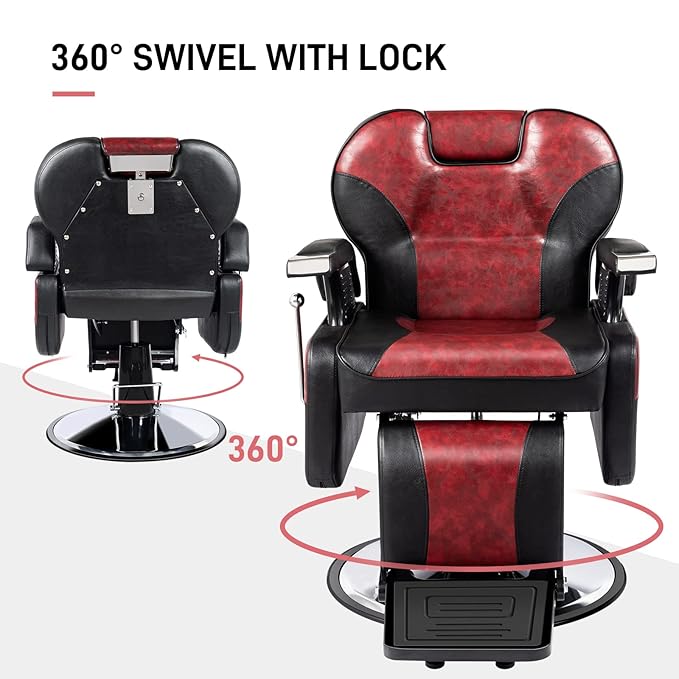 OmySalon All Purpose Hydraulic Barber Chair Recline 360 Degree Swivel Height Adjustable Heavy Duty Hairdresser Chair Beauty Salon Spa Tattoo Styling Barbershop Equipment Black & Red