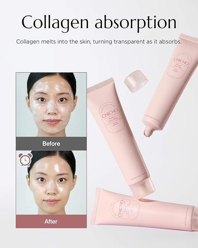CHICHO Bouncy Glow Mask 300Da Ultramolecular Hibiscus Collagen - Korean Face Peel Off Mask Skin Elasticity Radiant Glow Hydrating Sensitive Skin - Vegan, Hypoallergenic, 2.03 fl.oz.