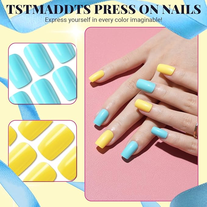 TsMADDTs Medium Square Press on Nails, 720PCS Fake Nails with Glue, Files, Sticker, Tweezer for Women Home Art DIY