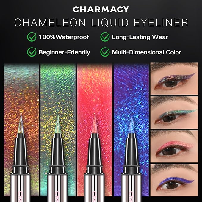 CHARMACY New Chameleon Liquid Eyeliner, Highly Pigmented, Metallic MultiColor Shifting Waterproof, Ultra-Fine Tip, Longwearing, Smudge-proof (A04 Ocean Glint)
