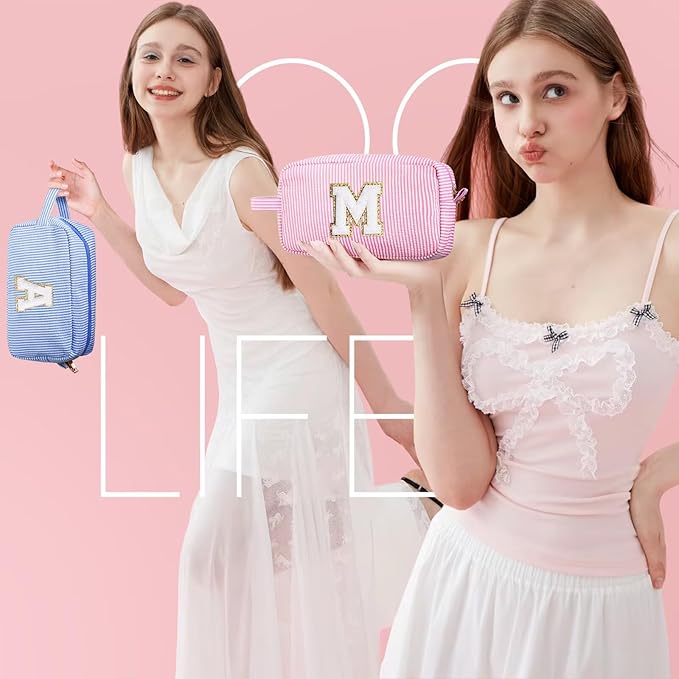 YOOLIFE Makeup Bag for Women - Monogram Cute Initial Blue Makeup Bags Cosmetic Toiletry Pouch Make Up Case for Women Her Best Friend Friendship Sister Teacher, Personalized Birthday Gifts for Women C