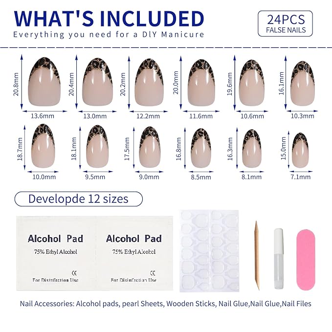 Nude Leopard French Tip Press On Nails Almond, Glossy Soft Gel Fake Nails with Nail Glue, 12 Sizes – 24PCS Thick Natural Reusable Glue On Nails for Women