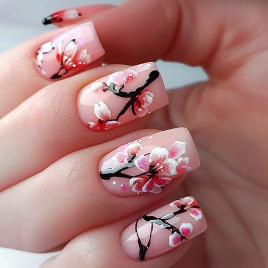 Spring Press on Nails Medium Square Fake Nails with Floral Designs Pink Nails Press ons Glossy Glue on Nails Cute Acrylic Nails Daily Wear Nature False Nails Artificial Stick on Nails for Women 24Pcs
