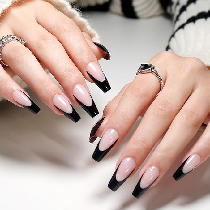 Medium Press On Nails Coffin Fake Nails Black French Tip False Nails Press Ons Nude Transparent Acrylic Glossy Glue On Artificial Stick On Nails for Women 24Pcs