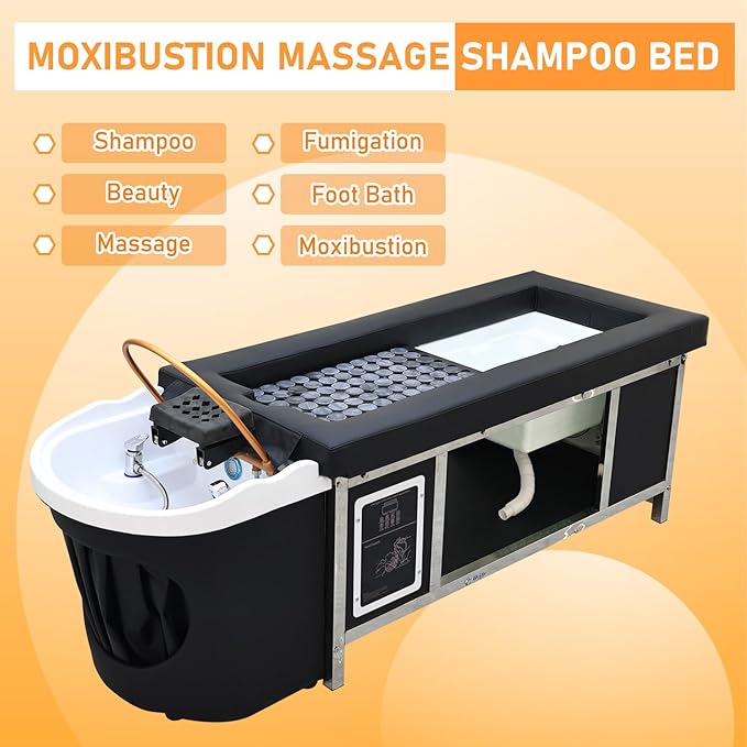 Japanese Head Spa Equipment, Moxibustion Moxa Shampoo Bed, Head/Feet/Back Massage Therapy Table, with Foot Bath Basin, Bianstone Magnetic Therapy, for Spa Beauty Salon Barber (D)