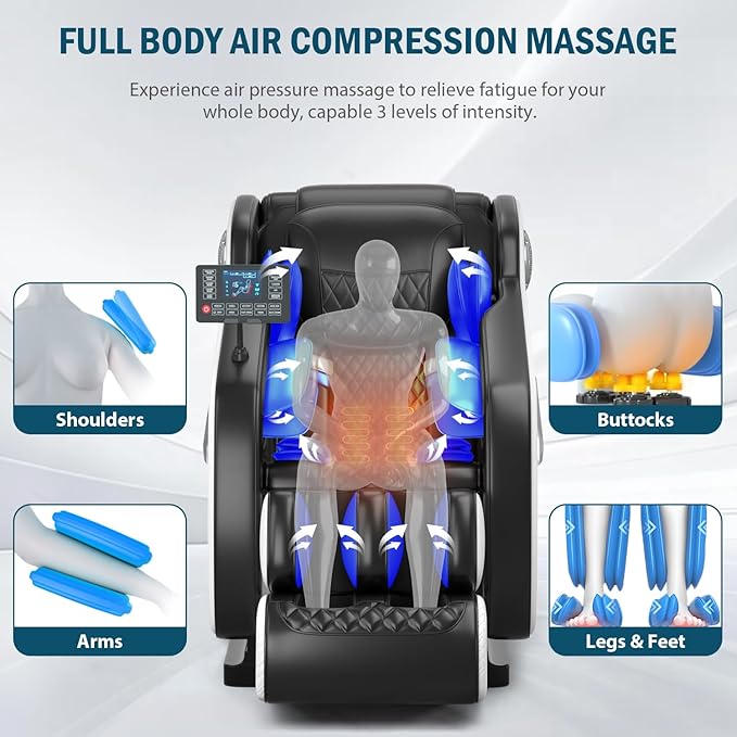 Massage Chair Full Body Zero Gravity, Massage Recliner with Air Pressure, 10 Fixed Massage Rollers, Heating, Foot Roller, Bluetooth Speaker, for Home Office Men Women (Black)