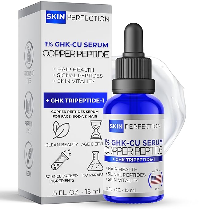 Skin Perfection GHK-CU Copper Peptides Serum for Face & Hair - Copper Peptide for Skin, Hair & Scalp - 1% Blue Liquid for Face, Neck, Body, and Scalp – Multi-Use Serum Booster with Dropper 0.5 fl oz